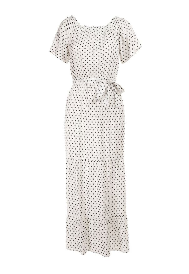 Born2be - Biała Sukienka z Wiskozy Typhice. Typ kołnierza: dekolt hiszpanka. Kolor: biały. Materiał: wiskoza. Długość rękawa: krótki rękaw. Wzór: kropki. Sezon: lato. Długość: maxi