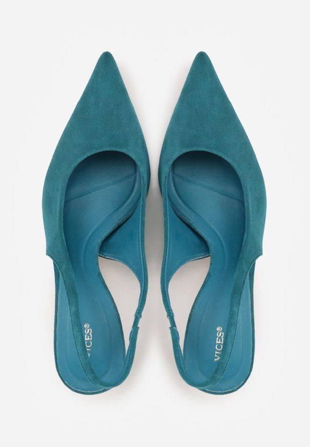 Born2be - Zielone Czółenka z Odkrytą Piętą VICES na Obcasie Kaczuszka Anatema. Okazja: na co dzień. Kolor: zielony. Materiał: zamsz, jeans. Obcas: na obcasie. Styl: casual, elegancki. Wysokość obcasa: średni