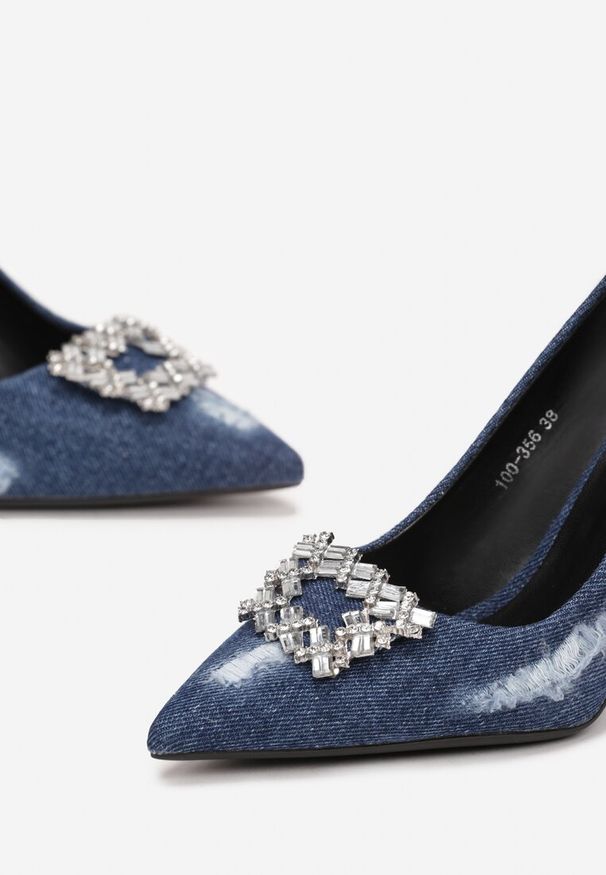 Renee - Granatowe Szpilki Jeansowe z Ozdobą w Cyrkonie Lalya. Kolor: niebieski. Materiał: jeans. Wzór: aplikacja. Obcas: na szpilce