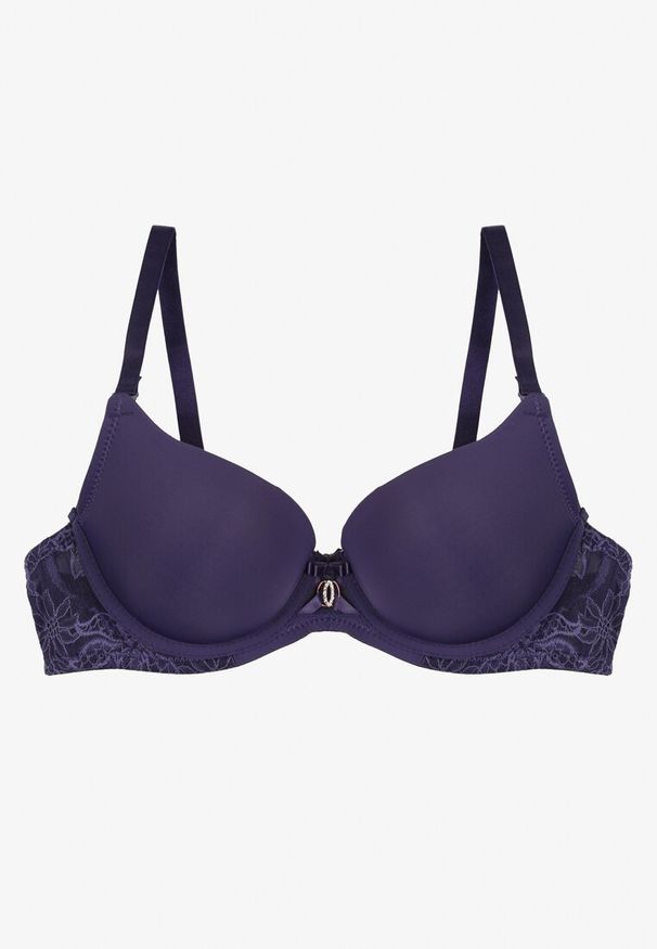 Renee - Granatowy Biustonosz Push-Up z Gładkim Wykończeniem Sanelis. Kolor: niebieski. Materiał: dzianina. Rodzaj stanika: push-up. Wzór: gładki