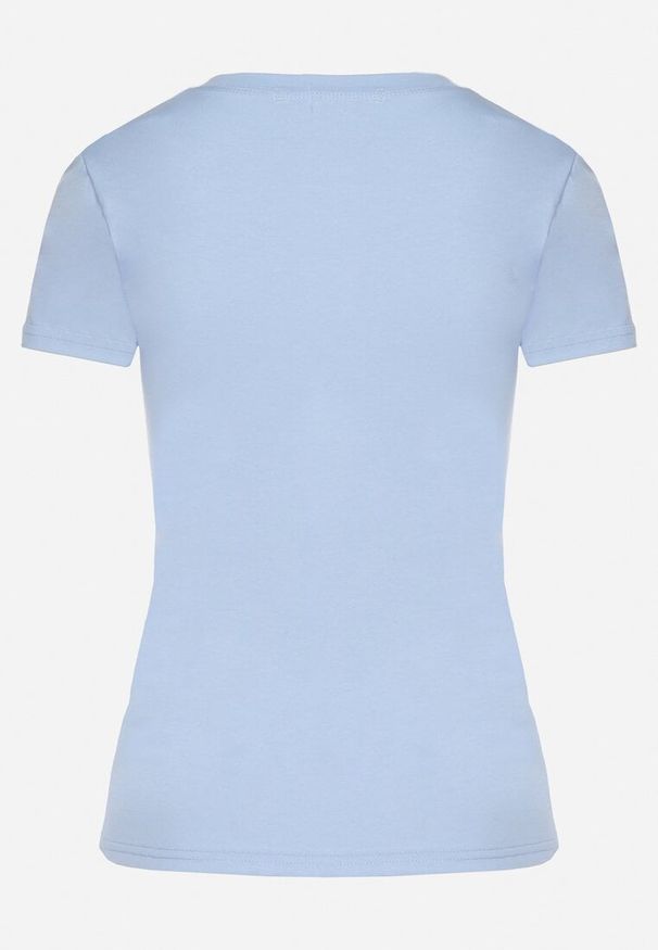 Born2be - Jasnoniebieski T-shirt z Bawełny Ozdobiony Napisem i Cyrkoniami Raltebis. Okazja: na co dzień. Kolor: niebieski. Materiał: bawełna. Wzór: napisy, aplikacja. Sezon: wiosna, lato. Styl: klasyczny, casual