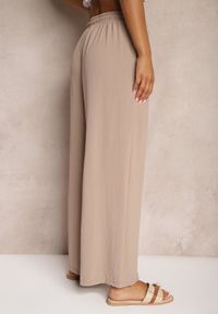 Renee - Ciemnobeżowe Spodnie High Waist ze Sznurkiem w Talii i Prostą Nogawką Raveann. Okazja: na co dzień. Stan: podwyższony. Kolor: beżowy. Styl: casual