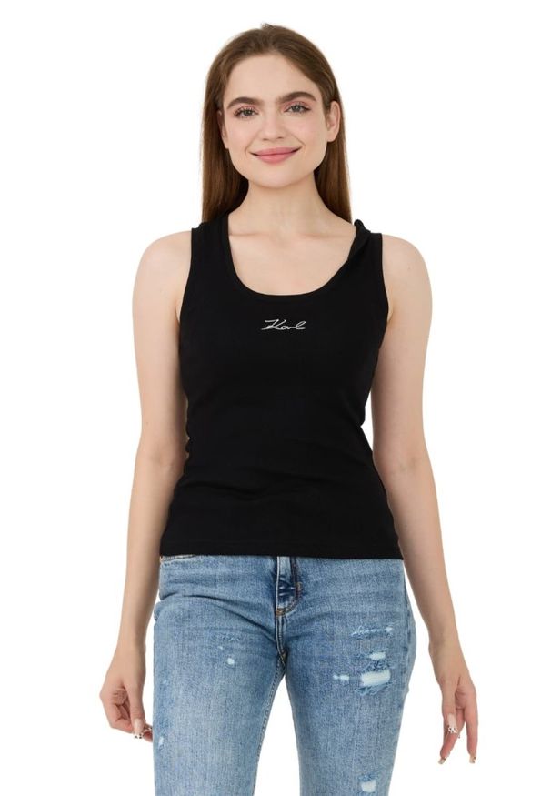 Karl Lagerfeld - KARL LAGERFELD Czarny damski top Logo Rib Tank, Rozmiar L. Kolor: czarny