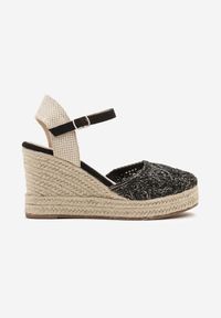 Renee - Czarne Sandały Boho na Plecionym Koturnie z Wkładką ze Skóry Naturalnej Maniffia. Okazja: na co dzień, na spacer. Zapięcie: pasek. Kolor: czarny. Materiał: skóra. Wzór: aplikacja. Sezon: lato. Obcas: na koturnie. Styl: boho #6