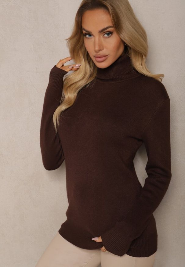 Renee - Brązowy Klasyczny Golf z Domieszką Wełny Zoziona. Okazja: na co dzień, do pracy, na spotkanie biznesowe. Typ kołnierza: golf. Kolor: brązowy. Materiał: wełna. Długość rękawa: długi rękaw. Długość: długie. Styl: klasyczny