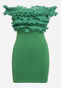 Born2be - Zielona Dopasowana Sukienka Mini z Hiszpańskim Dekoltem z Falbankami Ionas. Typ kołnierza: kołnierz z falbankami. Kolor: zielony. Styl: elegancki. Długość: mini #3