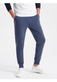 Ombre Clothing - Męskie spodnie dresowe ze wstawkami z tkaniny ottoman - ciemnoniebieskie V2 OM-PASK-0127 - XXL. Kolor: niebieski. Materiał: dresówka, tkanina #2