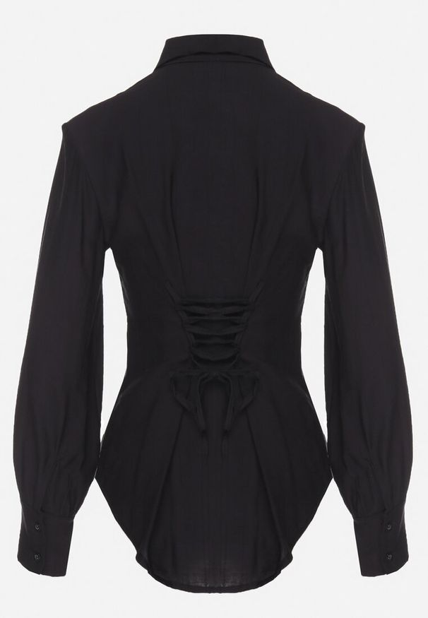 Born2be - Czarna Koszula z Usztywnionymi Ramionami Ozdobiona Sznurkiem Meroriela. Okazja: na co dzień. Kolor: czarny. Materiał: jeans. Długość rękawa: długi rękaw. Długość: długie. Wzór: aplikacja. Styl: elegancki, casual