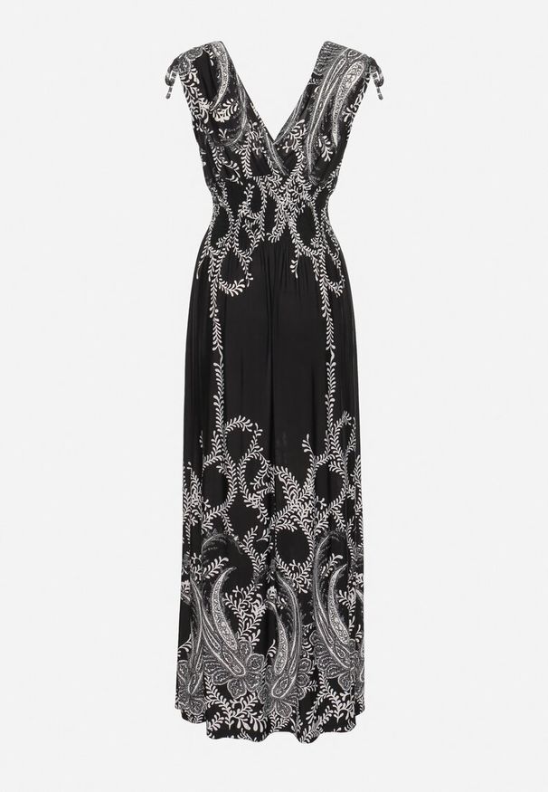 Born2be - Czarna Sukienka z Ornamentalnym Wzorem Gumką w Talii i Sznurkami na Ramionach Avemina. Kolor: czarny. Styl: elegancki, klasyczny