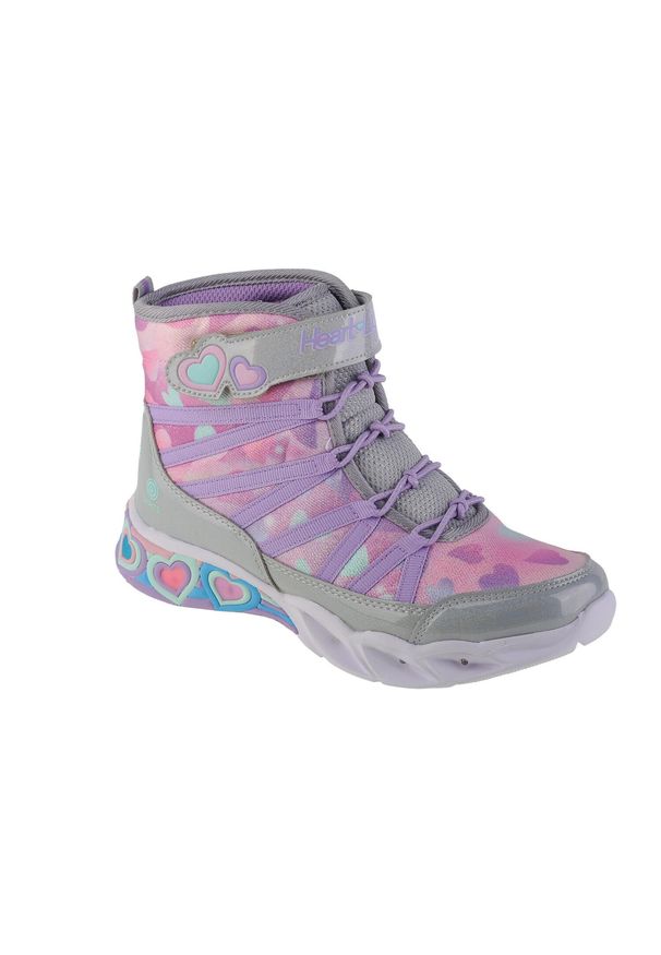 skechers - Buty do chodzenia dla dzieci Skechers Sweetheart Lights. Okazja: na co dzień. Wysokość cholewki: za kostkę. Zapięcie: rzepy. Kolor: szary, fioletowy, różowy, wielokolorowy. Materiał: materiał. Szerokość cholewki: normalna. Sport: turystyka piesza