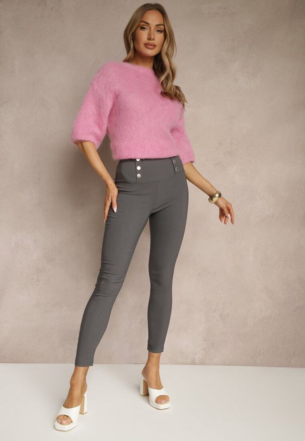 Renee - Szare Legginsy High Waist z Ozdobnymi Guzikami Kolowenia. Okazja: na co dzień. Stan: podwyższony. Kolor: szary. Styl: elegancki, casual