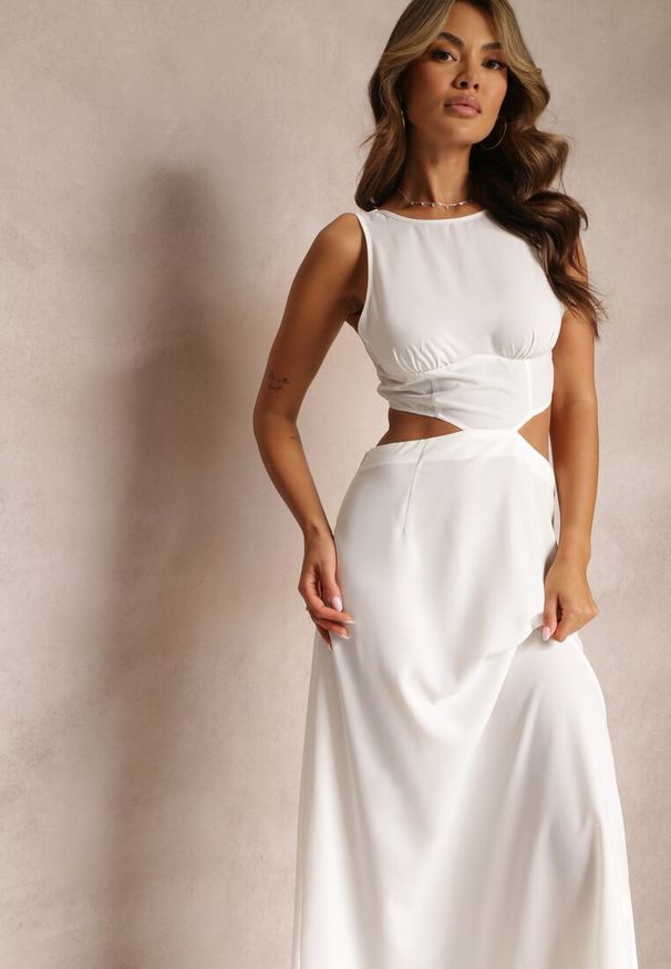 Renee - Biała Sukienka Maxi z Wycięciami i Wiązaniem na Plecach Madissa. Kolor: biały. Długość rękawa: bez rękawów. Wzór: aplikacja. Długość: maxi