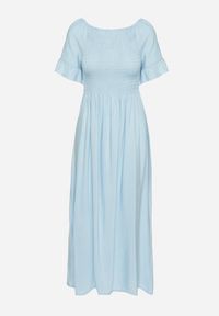 Born2be - Jasnoniebieska Bawełniana Sukienka o Kroju Hiszpanki z Elastyczną Górą Niloviria. Okazja: na co dzień. Typ kołnierza: dekolt hiszpanka. Kolor: niebieski. Materiał: bawełna. Długość rękawa: krótki rękaw. Styl: casual, klasyczny #5