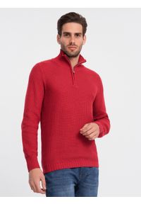 Ombre Clothing - Męski dzianinowy sweter z rozpinaną stójką - czerwony V8. Typ kołnierza: kołnierzyk stójkowy. Kolor: czerwony. Materiał: dzianina #4