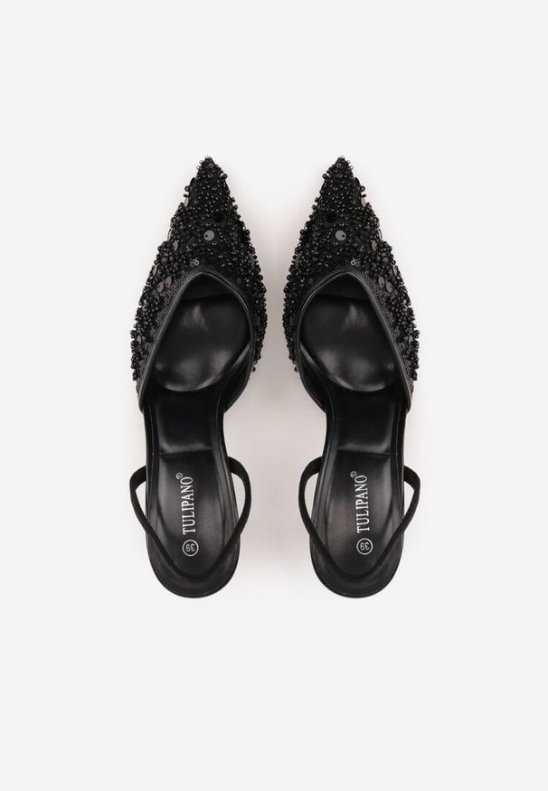 Renee - Czarne Szpilki Slingback Ozdobione Cekinami Vikiraie. Nosek buta: otwarty. Kolor: czarny. Materiał: skóra. Wzór: aplikacja. Obcas: na szpilce. Styl: elegancki