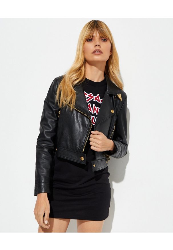 Versace Jeans Couture - VERSACE JEANS COUTURE - Czarna skórzana kurtka Regular Fit. Kolor: czarny. Materiał: skóra. Wzór: aplikacja