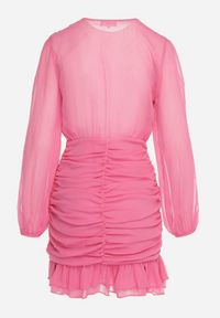 Born2be - Różowa Sukienka Mini Taliowana z Kopertową Górą i Marszczeniami Nolsama. Kolor: różowy. Materiał: materiał. Typ sukienki: kopertowe. Długość: mini #5