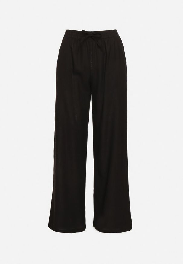 Born2be - Czarne Szerokie Spodnie z Lnem z Gumką w Talii i Kieszeniami Filisela. Okazja: do pracy, na co dzień. Kolor: czarny. Materiał: len. Styl: elegancki, casual