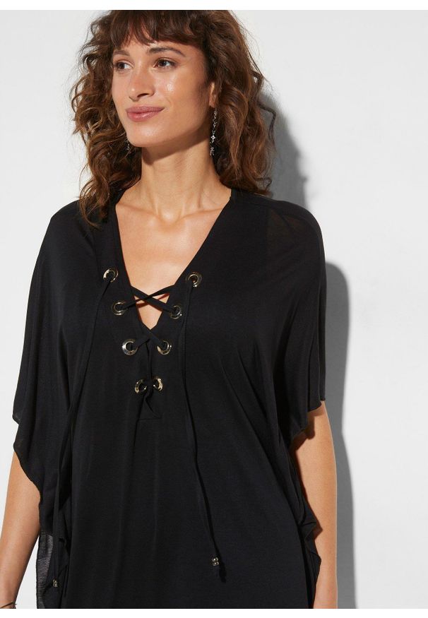 bonprix - Prześwitująca tunika plażowa z wiskozy. Okazja: na plażę. Kolor: czarny. Materiał: wiskoza