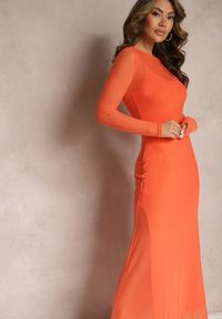 Renee - Pomarańczowa Siateczkowa Sukienka o Taliowanym Kroju z Halką Manemoma. Kolor: pomarańczowy. Długość rękawa: długi rękaw