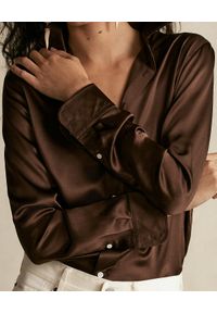 Ralph Lauren - RALPH LAUREN - Brązowa koszula z jedwabiu. Okazja: na co dzień. Typ kołnierza: polo, kołnierzyk klasyczny. Kolor: brązowy. Materiał: jedwab. Długość rękawa: długi rękaw. Długość: długie. Styl: klasyczny, casual, elegancki #4