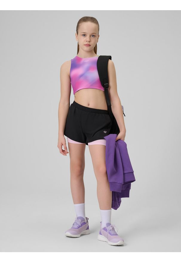 4f - 4F Spodenki sportowe szybkoschnące dziewczęce - czarne 146/152 (10-12 lat). Kolor: czarny. Materiał: skóra, materiał. Sezon: lato. Sport: fitness