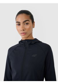 4f - 4F Bluza treningowa slim szybkoschnąca damska - czarna XXL. Typ kołnierza: kaptur, kołnierzyk stójkowy. Kolor: czarny. Materiał: dzianina, włókno, syntetyk, jersey, materiał, elastan. Długość rękawa: raglanowy rękaw. Wzór: gładki, ze splotem, jednolity. Styl: sportowy. Sport: fitness