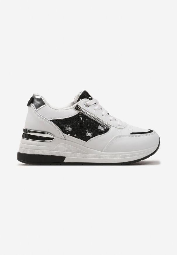 Renee - Biało-Czarne Sneakersy na Koturnie z Ozdobną Wstawką z Suwakiem i Sznurowaniem Dastas. Okazja: na co dzień. Zapięcie: sznurówki. Kolor: biały. Materiał: jeans. Obcas: na koturnie