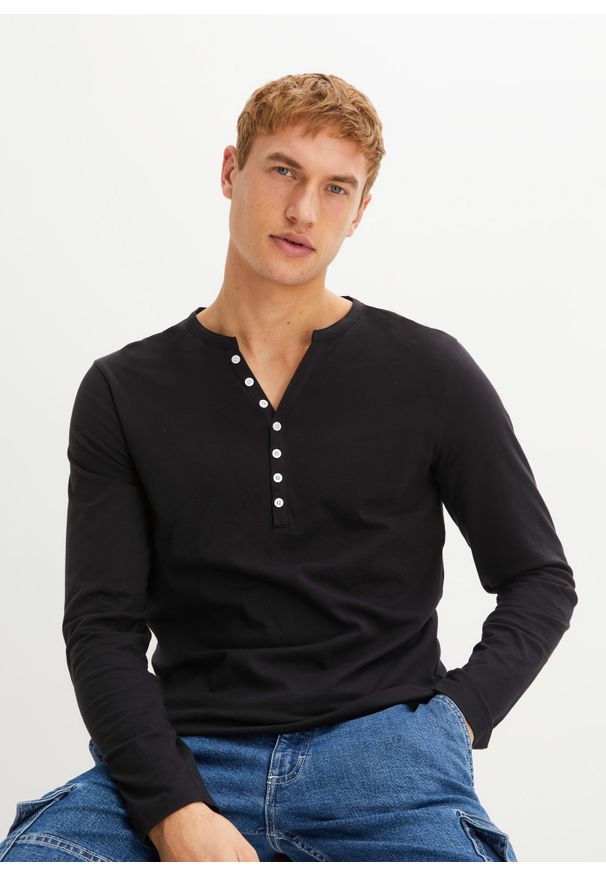 bonprix - Shirt z dekoltem henley, z bawełny organicznej, Slim Fit. Typ kołnierza: typu henley. Kolor: czarny. Materiał: bawełna. Długość rękawa: długi rękaw. Długość: długie