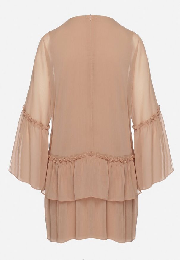 Born2be - Beżowa Rozkloszowana Sukienka Mini z Dekoltem Ozdobionym Cyrkoniami i Falbanką Stevianta. Kolor: beżowy. Wzór: aplikacja. Długość: mini