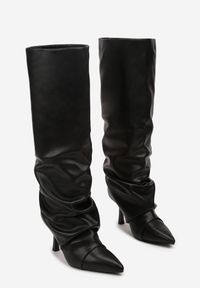 Born2be - Czarne Kozaki na Szpilce z Marszczoną Cholewką Aflitte. Okazja: na co dzień. Kolor: czarny. Materiał: jeans. Szerokość cholewki: normalna. Obcas: na szpilce. Styl: casual, elegancki. Wysokość obcasa: średni