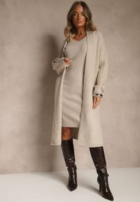 Renee - Beżowy Dzianinowy Komplet z Wełną Prążkowana Sukienka i Długi Kardigan Falonessa. Kolor: beżowy. Materiał: wełna, prążkowany, dzianina #4