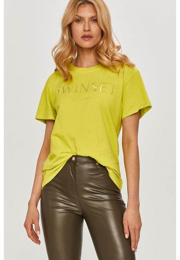 TwinSet - Twinset - T-shirt. Okazja: na co dzień. Kolor: żółty, zielony, wielokolorowy. Materiał: bawełna, dzianina. Wzór: nadruk. Styl: casual, klasyczny