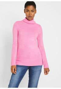bonprix - Sweter basic z golfem. Typ kołnierza: golf. Kolor: różowy. Materiał: prążkowany. Wzór: prążki #1