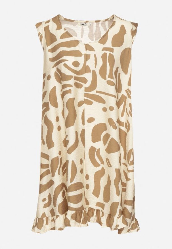 Born2be - Beżowa Sukienka o Rozkloszowanym Kroju z Dekoltem w Serek w Abstrakcyjny Wzór Mevondra. Okazja: na co dzień. Typ kołnierza: dekolt w serek. Kolor: beżowy. Materiał: skóra, jeans. Długość rękawa: bez rękawów. Styl: casual, elegancki