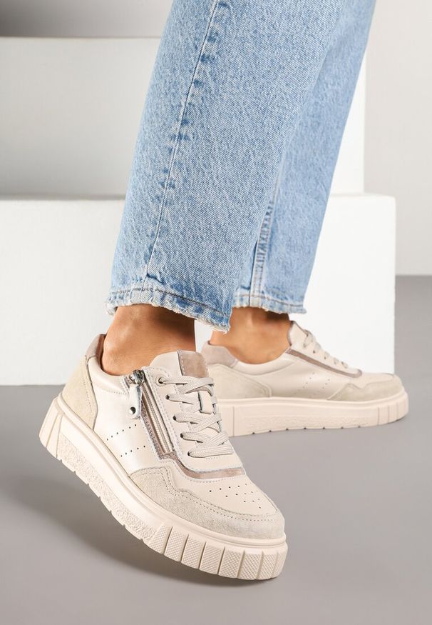 Born2be - Beżowe Sneakersy Skórzane z Ozdobnym Suwakiem Tillirella. Okazja: na co dzień. Zapięcie: sznurówki. Kolor: beżowy. Materiał: skóra