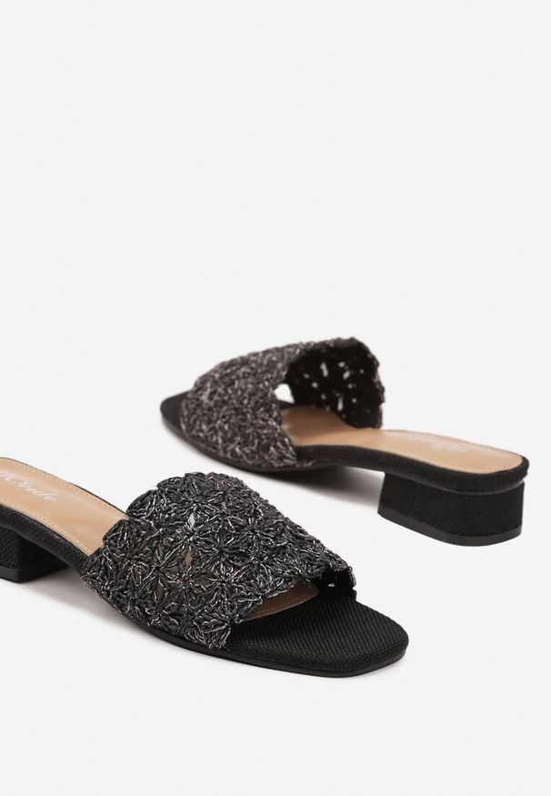 Born2be - Czarne Plecione Klapki na Niskim Obcasie Camiran. Okazja: na co dzień. Kolor: czarny. Materiał: koronka, jeans. Sezon: wiosna, lato. Obcas: na obcasie. Styl: casual. Wysokość obcasa: niski