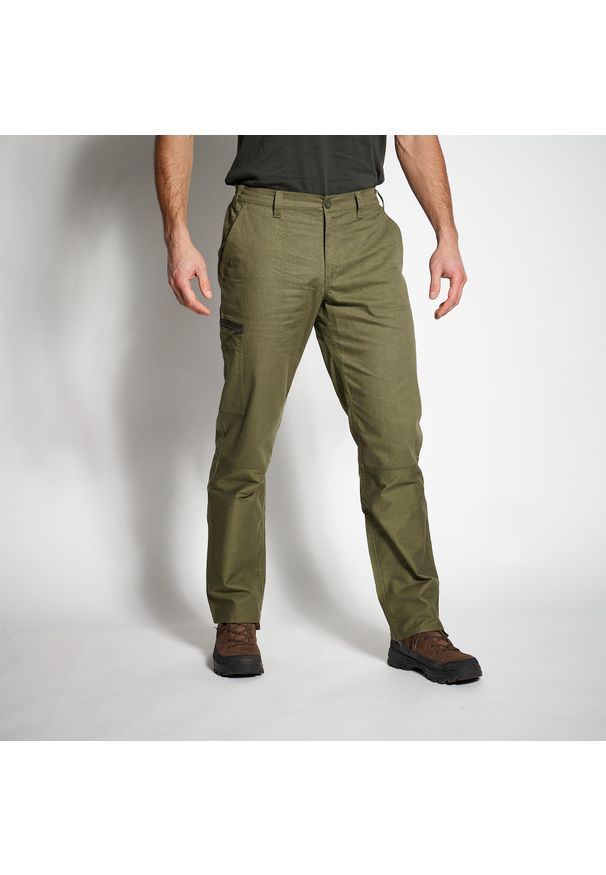 SOLOGNAC - Spodnie myśliwskie Solognac Steppe 100 V2. Kolor: zielony, brązowy, wielokolorowy. Materiał: bawełna, tkanina, poliester, materiał, włókno