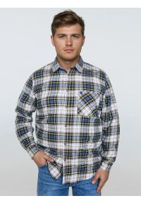 Big-Star - Koszula męska flanelowa w kratę niebiesko-beżowa Koner 401. Typ kołnierza: kołnierzyk klasyczny. Kolor: niebieski. Materiał: jeans, tkanina. Wzór: haft, aplikacja, kratka. Styl: klasyczny #7