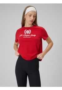 4f - 4F T-shirt boxy z nadrukiem damski - czerwony XS. Okazja: na co dzień. Kolor: czerwony. Materiał: dzianina, bawełna, materiał. Wzór: nadruk. Styl: casual #1
