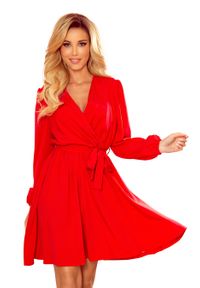 Numoco - Kopertowa Sukienka z Bufiastym Rękawem - Czerwona. Kolor: czerwony. Materiał: elastan, poliester. Typ sukienki: kopertowe