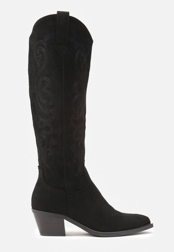 Renee - Czarne Kozaki Typu Kowbojki na Niskim Stożkowym Obcasie Zolavie. Okazja: na co dzień. Kolor: czarny. Materiał: jeans, zamsz. Wzór: aplikacja. Obcas: na obcasie. Styl: casual. Wysokość obcasa: średni