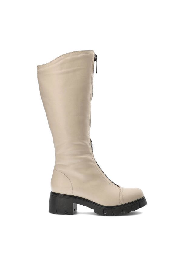 Beżowe Kozaki Simen Modne Wygodne Buty Damskie. Wysokość cholewki: przed kolano. Zapięcie: zamek. Kolor: beżowy. Materiał: skóra. Szerokość cholewki: normalna. Styl: elegancki