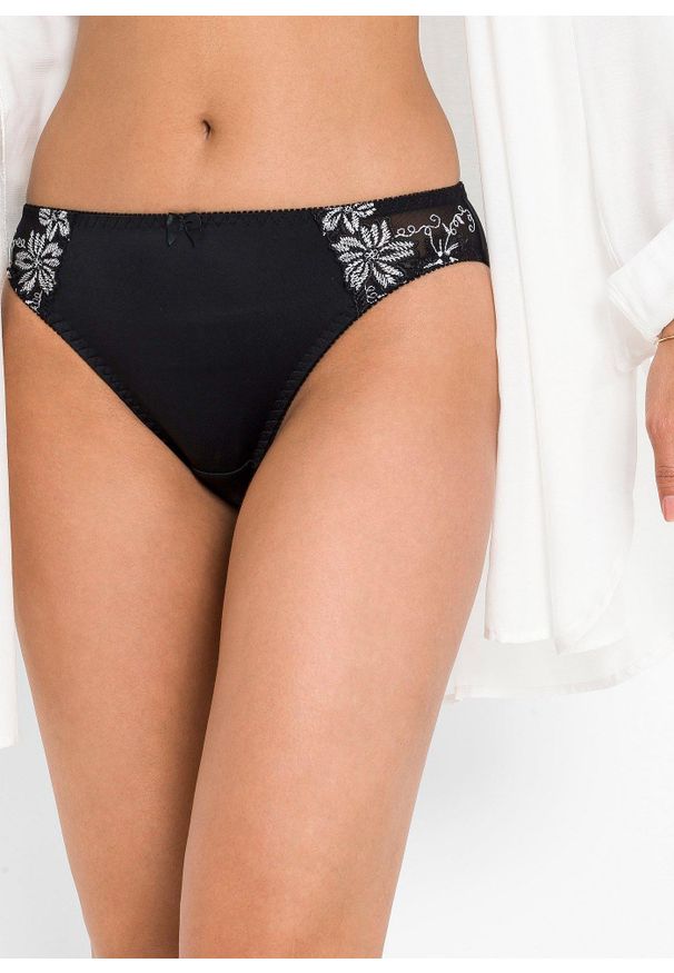 bonprix - Figi z delikatną koronką (2 pary). Kolor: czarny. Materiał: bawełna, koronka. Wzór: gładki, haft, koronka