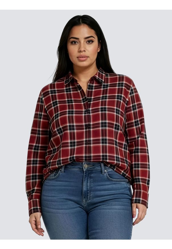 Big-Star - Koszula damska w kratę czerwona Petrini 604. Okazja: na co dzień. Typ kołnierza: kołnierzyk klasyczny. Kolor: czerwony. Materiał: bawełna, wiskoza, materiał, tkanina. Wzór: kolorowy. Styl: klasyczny, casual, elegancki
