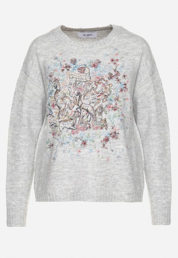 Born2be - Jasnoszary Sweter Ozdobiony Haftowanym Wzorem Inadrea. Okazja: na co dzień. Kolor: szary. Materiał: jeans. Długość rękawa: długi rękaw. Długość: długie. Wzór: aplikacja, haft. Styl: klasyczny, elegancki, casual