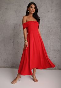 Renee - Czerwona Rozkloszowana Sukienka Koktajlowa VICES z Hiszpańskim Dekoltem Neamerianne. Okazja: na wesele, na ślub cywilny. Typ kołnierza: dekolt hiszpanka. Kolor: czerwony. Materiał: lakier, poliester. Typ sukienki: rozkloszowane. Styl: wizytowy #4