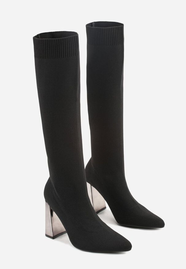 Born2be - Czarne Kozaki Vices na Metalicznym Słupku ze Skarpetkową Cholewką Tivitte. Zapięcie: bez zapięcia. Kolor: czarny. Szerokość cholewki: normalna. Obcas: na słupku. Styl: klasyczny