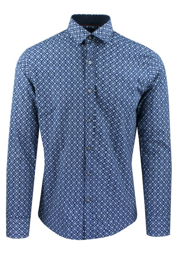 Męska Koszula, Taliowana (Slim Fit) - Rigon - Ciemnoniebieska, Wzór. Okazja: do pracy, na spotkanie biznesowe. Kolor: niebieski. Materiał: bawełna, poliester, elastan. Długość rękawa: długi rękaw. Długość: długie. Styl: wizytowy, elegancki, biznesowy