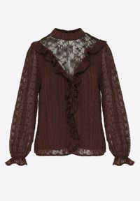 Renee - Brązowa Bluzka z Koronką i Falbankami Zdobiona Metalicznymi Przeszyciami Aliafera. Typ kołnierza: kołnierz z falbankami. Kolor: brązowy. Materiał: koronka. Wzór: aplikacja, koronka #4